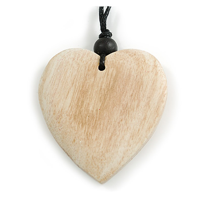 White Wood Grain Heart Pendant with Black Cotton Cord - 100cm Long Max/ Adjustable