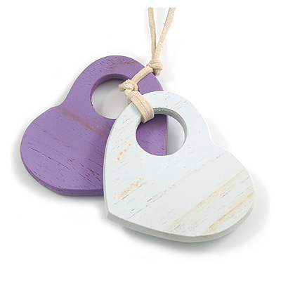 White/Purple Wood Double Heart Pendant with White Leather Cord/ 80cm L/ Adjustable
