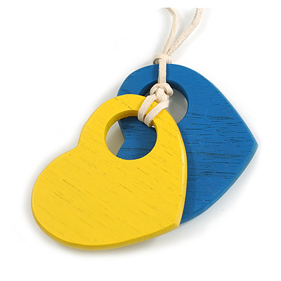 Yellow/Blue Wood Double Heart Pendant with White Leather Cord/ 80cm L/ Adjustable