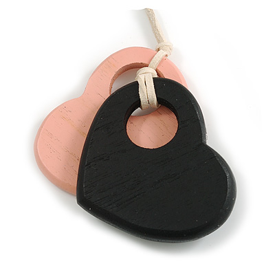 Black/Pastel Pink Wood Double Heart Pendant with White Leather Cord/ 80cm L/ Adjustable - main view