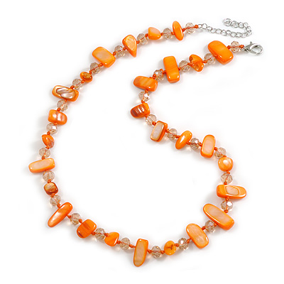 Orange Sea Shell and Transparent Orange Glass Bead Necklace - 54cm L/6cm Ext - main view