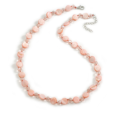 Pastel Pink Coin Shell and Crystal Glass Bead Necklace with Silver Tone Closure - 60cm L/ 6cm Ext