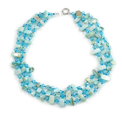 3 Row Light Blue Shell And Glass Bead Necklace - 48cm L