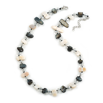 Black/White Sea Shell Nuggets and Transparent Glass Bead Necklace - 50cm L/ 5cm Ext