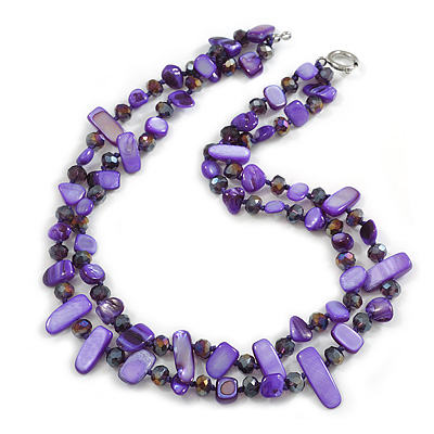 Two Row Layered Purple Shell Nugget and Glass Crystal Bead Necklace - 50cm L