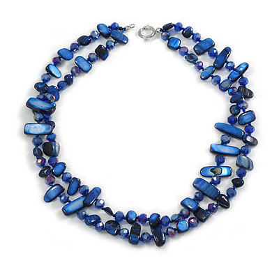 Two Row Layered Blue Shell Nugget and Glass Crystal Bead Necklace - 50cm Long - main view
