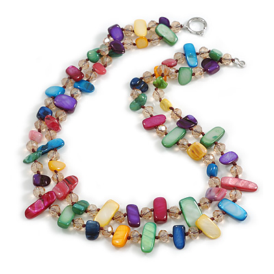 Two Row Layered Multicoloured Shell Nugget and Citrine Glass Crystal Bead Necklace - 48cm Long - main view