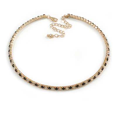 Slim Black/Clear Crystal Choker Style Necklace In Gold Tone Metal - 35cm L/ 10cm Ext - main view