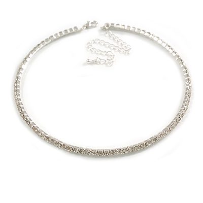 Slim Clear Crystal Choker Style Necklace In Silver Tone Metal - 35cm L/ 10cm Ext