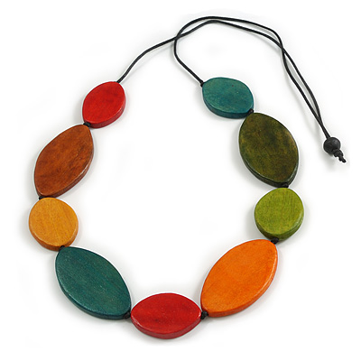 Multicoloured Oval Wooden Bead Geometric Black Cord Long Necklace/ 90cm Long/ Adjustable - main view