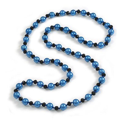 10mm D/ Solid Glass and Faux Pearl Bead Long Necklace (Blue/Black Colours) - 108cm Long (Natural Irregularities) - main view
