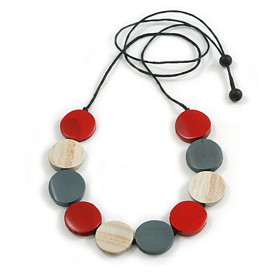 Red/Grey/White Wooden Coin Bead Black Cotton Cord Necklace/ 100cm Max Length/ Adjustable