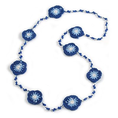 Handmade Blue/Light Blue/White Floral Crochet Blue/White Glass Bead Long Necklace/ Lightweight - 100cm Long - main view