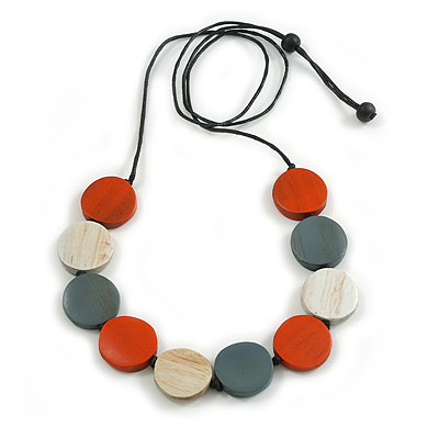 Orange/Grey/White Wooden Coin Bead Black Cotton Cord Necklace/ 100cm Max Length/ Adjustable
