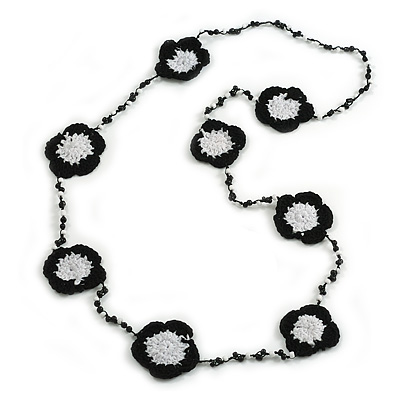 Handmade Black/White Floral Crochet Blue/White Glass Bead Long Necklace/ Lightweight - 100cm Long - main view
