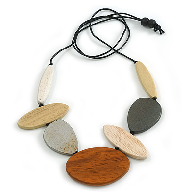 Natural/Metallic/Brown/Grey Geometric Wooden Bead Cotton Cord Necklace - 90cm Max Length/ Adjustable
