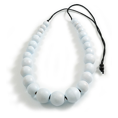 Chunky White Graduated Wood Bead Black Cord Necklace - 84cm Max/ Adjustable