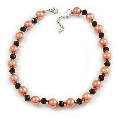 12mm/ Orange Faux Pearl Black Glass Bead Short Necklace (Natural Irregularities) - 38cm L/ 4cm Ext