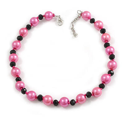 12mm/ Pink Faux Pearl Black Glass Bead Short Necklace (Natural Irregularities) - 38cm L/ 4cm Ext