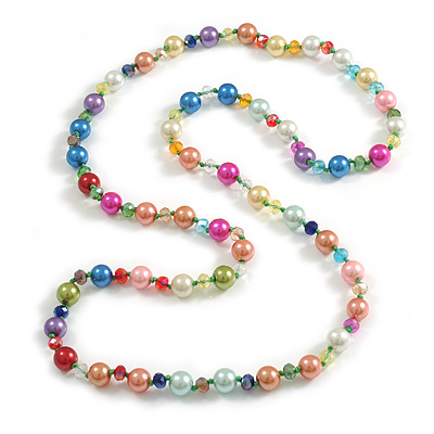 10mm D/ Solid Glass and Faux Pearl Bead Long Necklace (Multicoloured) - 108cm Long (Natural Irregularities) - main view