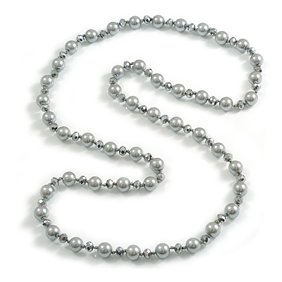 10mm D/ Solid Glass and Faux Pearl Bead Long Necklace (Grey Colours) - 108cm Long (Natural Irregularities)