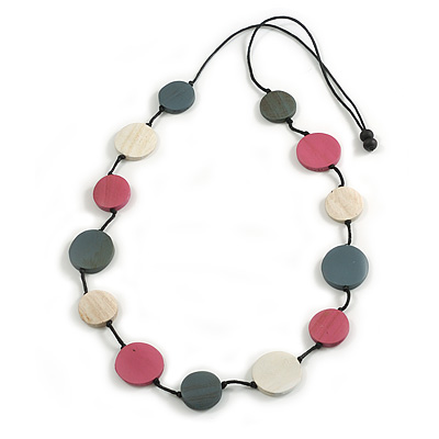 Pink/Grey/White Wooden Coin Bead Black Cotton Cord Necklace/ 100cm Max Length/ Adjustable