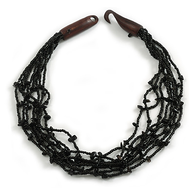 Ethnic Multistrand Black Glass Bead, Semiprecious Stone Necklace With Wood Hook Closure - 60cm L