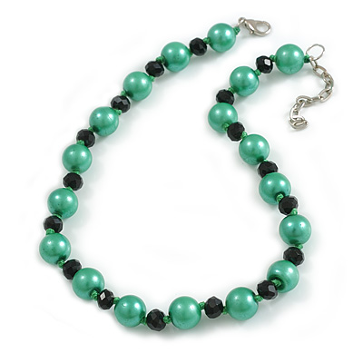 12mm/ Green Faux Pearl Black Glass Bead Short Necklace (Natural Irregularities) - 38cm L/ 4cm Ext