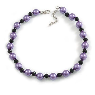 12mm/ Purple Faux Pearl Black Glass Bead Short Necklace (Natural Irregularities) - 38cm L/ 4cm Ext