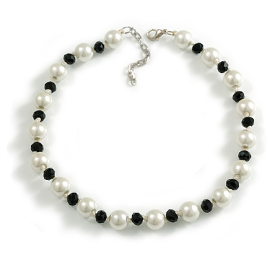 12mm/ White Faux Pearl Black Glass Bead Short Necklace (Natural Irregularities) - 38cm L/ 4cm Ext