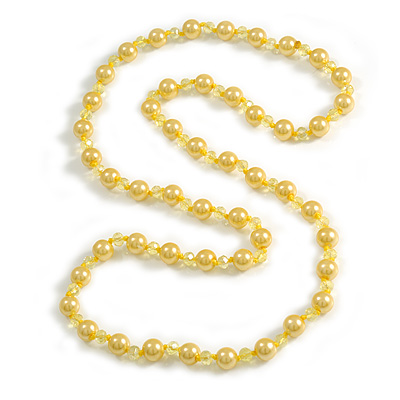10mm D/ Solid Glass and Faux Pearl Bead Long Necklace (Yellow Shades) - 108cm Long (Natural Irregularities)