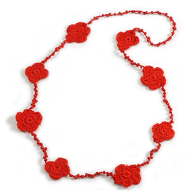 Handmade Red Floral Crochet Glass Bead Long Necklace/ Lightweight - 100cm Long - main view