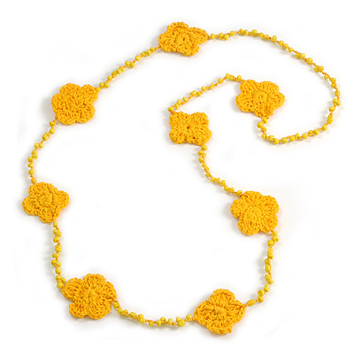 Handmade Yellow Floral Crochet Glass Bead Long Necklace/ Lightweight - 100cm Long - main view