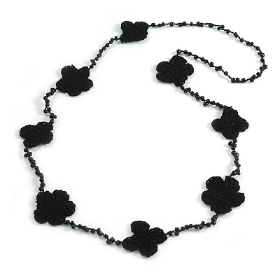 Handmade Black Floral Crochet Glass Bead Long Necklace/ Lightweight - 100cm Long - main view