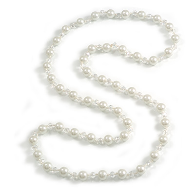 10mm D/ Solid Glass and Faux Pearl Bead Long Necklace (White/Transparent) - 108cm Long (Natural Irregularities)