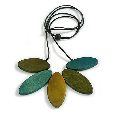 Olive/Teal/Green Wood Leaf with Black Cotton Cord Necklace - 96cm Long - Adjustable
