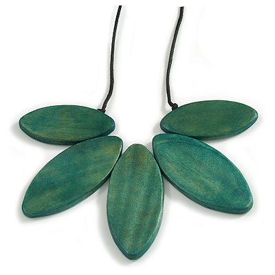 Teal Green Wood Leaf with Black Cotton Cord Necklace - 96cm Long - Adjustable