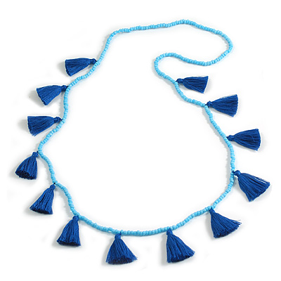 Boho Style Light Blue Glass Bead with Blue Cotton Tassel Long Necklace - 96cm L