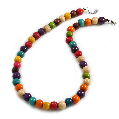 15mm/Unisex/Men/Women Multicoloured Round Wood Beaded Necklace/Slight Variation In Colour/Natural Irregularities/70cm L/3cm Ext - main view