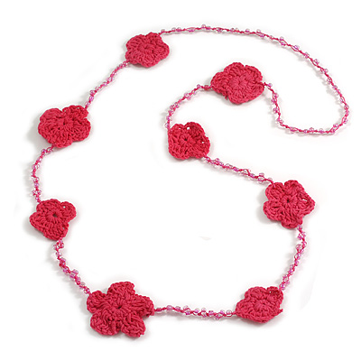 Handmade Raspberry Floral Crochet Light Pink Glass Bead Long Necklace/ Lightweight - 96cm Long - main view