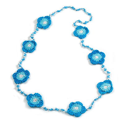 Handmade Light Blue/Aqua/White Floral Crochet Sky Blue/White Glass Bead Long Necklace/ Lightweight - 100cm Long