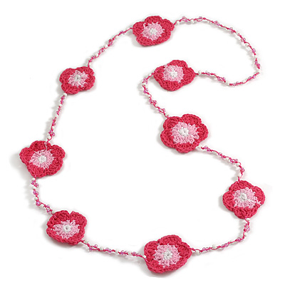 Handmade Raspberry/Baby Pink/White Floral Crochet Light Pink/White Glass Bead Long Necklace/ Lightweight - 100cm Long