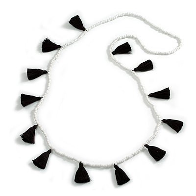 Boho Style White Glass Bead with Black Cotton Tassel Long Necklace - 96cm L