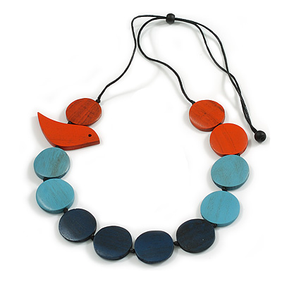 Orange/Sky Blue/Dark Blue Wooden Coin Bead and Bird Black Cotton Cord Long Necklace/ 96cm Max Length/ Adjustable