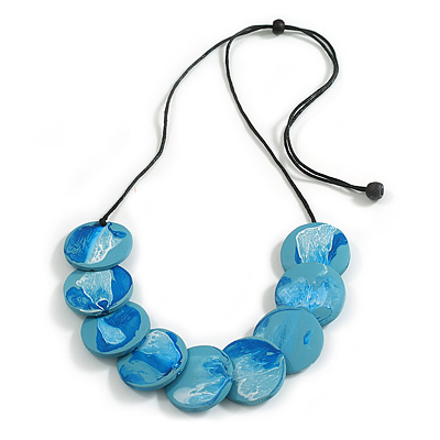 Blue/White Round Coin Shaped Wood Bead with Black Cotton Cord Long Necklace - 90cm L (Adjustable)