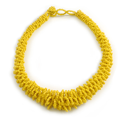 Graduated Chunky Bright Yellow Glass Bead Short Necklace - 44cm L/ 3cm Ext