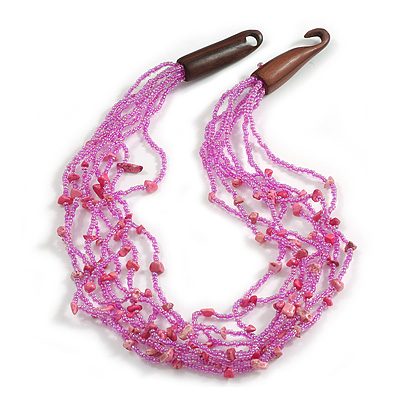 Multistrand Glass Bead and Semiprecious Stone Necklace With Wood Hook Closure in Pink/Fuchsia - 60cm L - main view