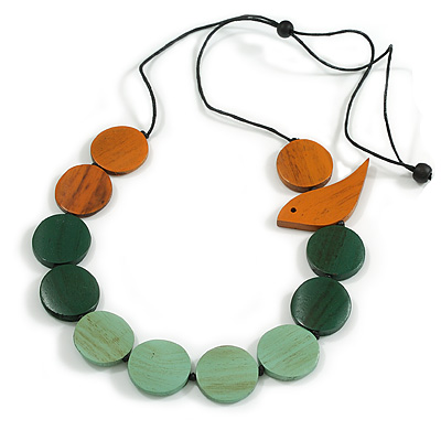 Orange/Green/Mint Wooden Coin Bead and Bird Black Cotton Cord Long Necklace/ 96cm Max Length/ Adjustable