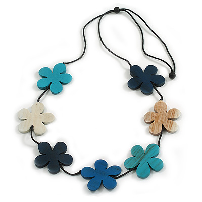 White/Blue/Turqouise Wooden Floral Black Cord Long Necklace/ 100cm Max/ Adjustable - main view