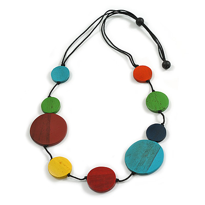 Multicoloured Round Wood Bead with Black Cotton Cord Necklace - 90cm Max/ Adjustable - main view